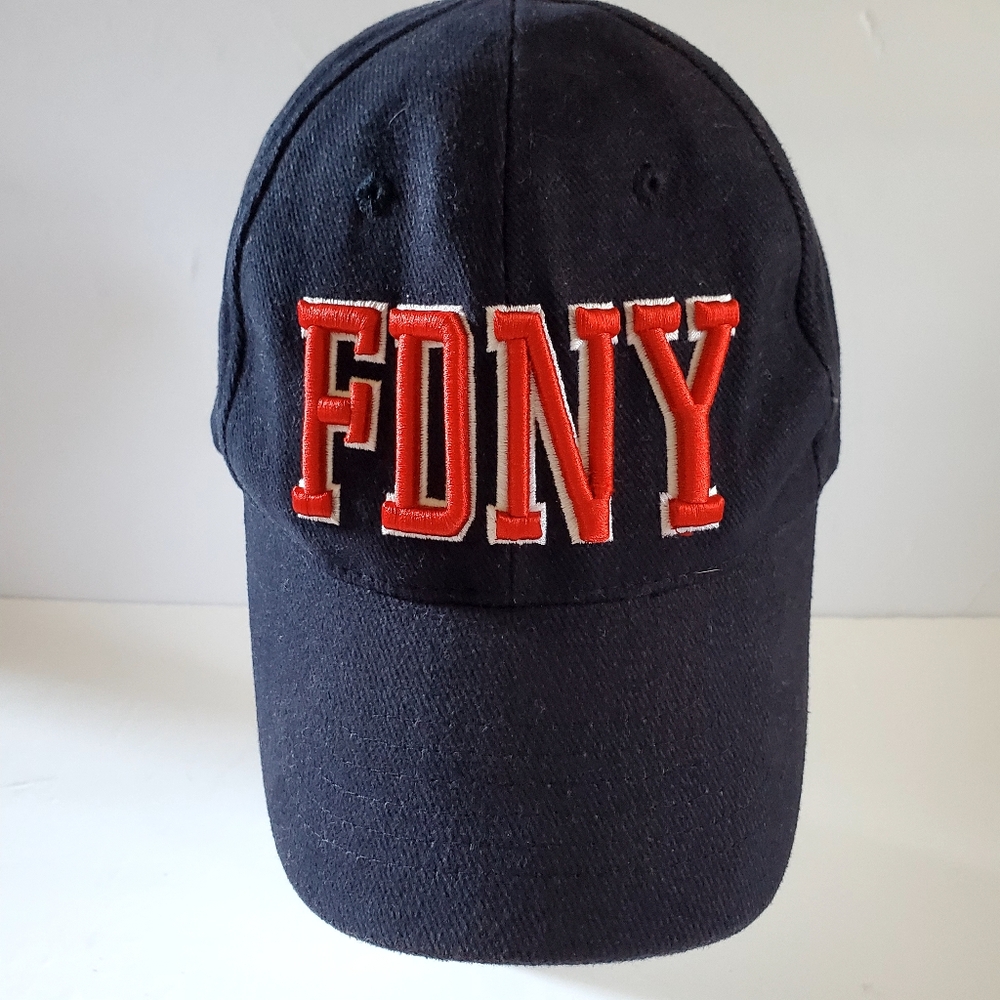 Vintage FDNY Men's Navy Cap with Bold Red Letters